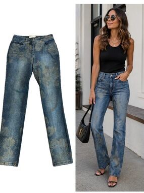 Women's Blue Floral-Print Straight Jeans